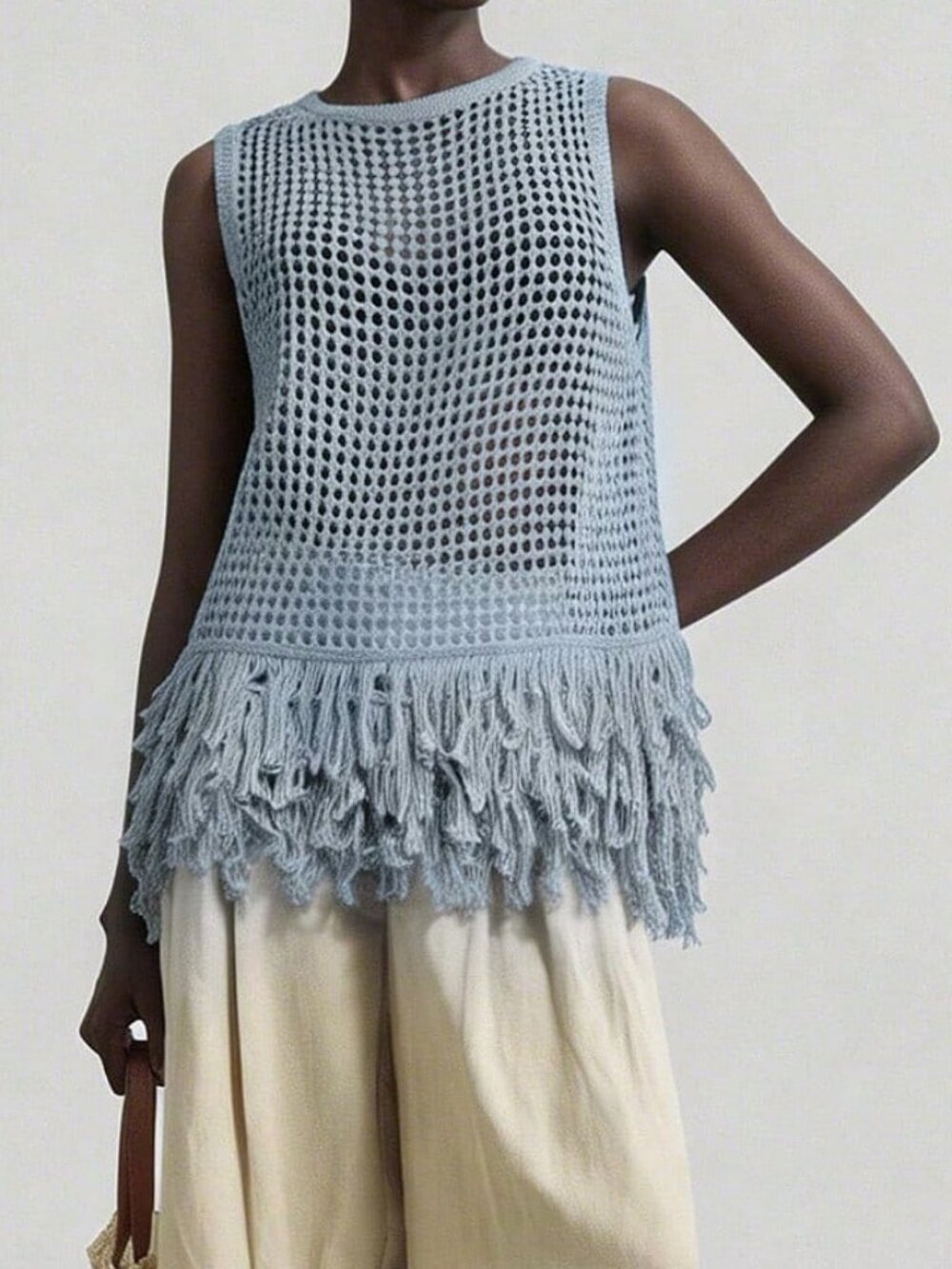 Blue Boho Casual Women's Sweater Dress Sleeveless Tassel Hem Knit Tank Top - Picture 5 of 6